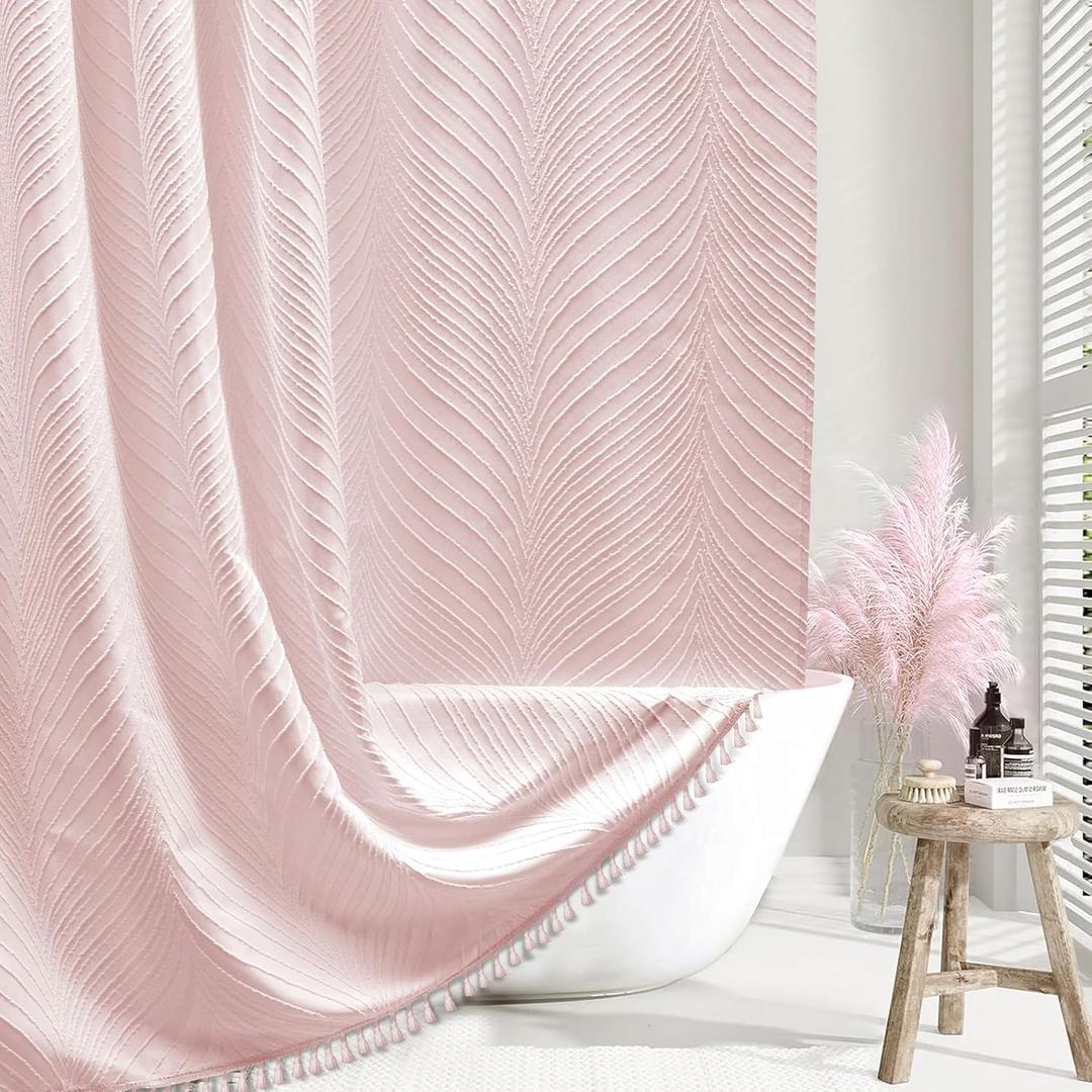 Pink Shower Curtain Cute Shower Curtain Fabric Shower Curtains for Girl Tufted Leaves Textured Striped Modern Cloth Shower Curtains for Bathroom, 72" x72"