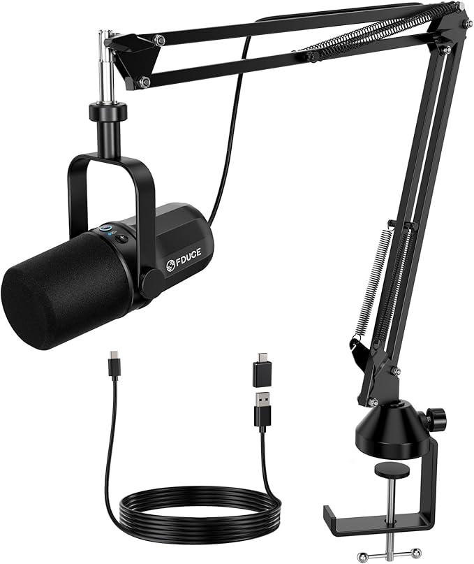 FDUCE Dynamic Microphone, XLR/USB Podcast Recording PC Microphone for Vocal Voice-Over Streaming, Studio Metal Mic with Mute, Headphone Jack, Monitoring Volume Control, with Boom Arm (SL40+)