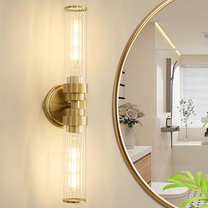 Vaziden Bathroom Light Fixtures, Gold Wall Sconce in Threaded Glass Indoor Vanity Lights, Modern Bathroom Vanity Light Up and Down Sconces Wall Lighting for Bathroom, Living Room - Bulb Not Included