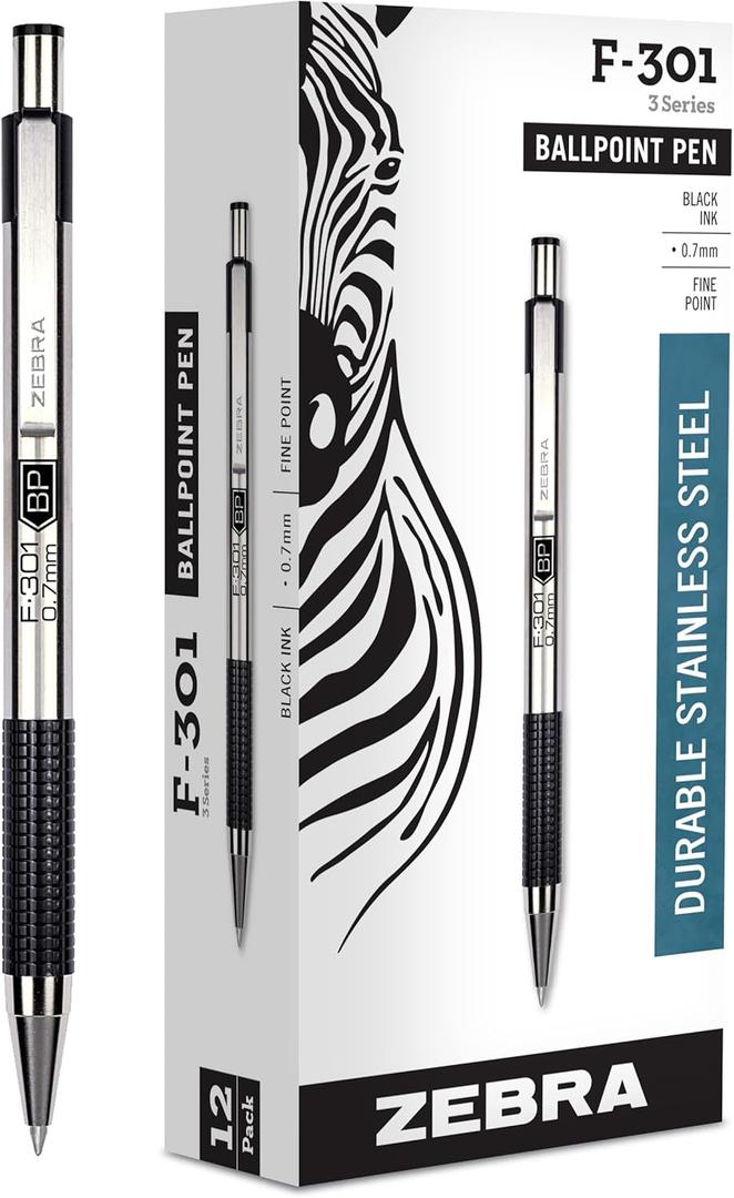 Zebra Pen F-301 Ballpoint Black Ink Fine Point 0.7mm Pen, Easy-Glide Ink, Stainless Steel Retractable, Non-Slip Grip, Professional Design, Ideal for Office, Journal and Planner Use, 12-Pack (27110)
