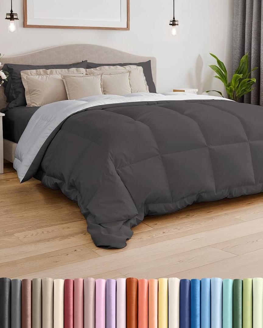 Queen Size Dark Grey & French Grey Reversible Alternative Down Comforter  Warm Lightweight Breathable Hotel Quality Bedding Set  All Season Fluffy Oversized Cooling Microfiber Duvet Insert Comforter
