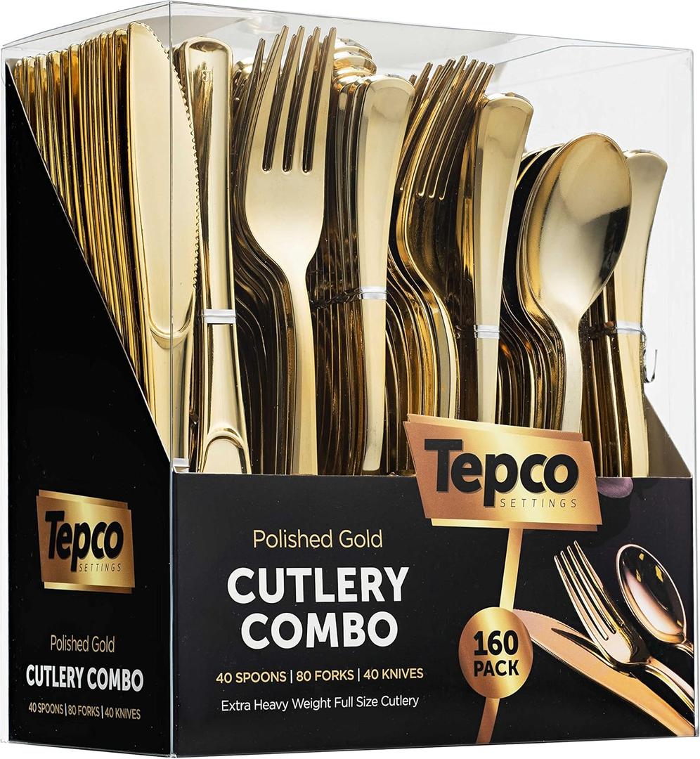 160 Silverware Set - Disposable Flatware - 80 Plastic Forks, 40 Plastic Spoons, 40 Cutlery Knives - Heavy Duty for Party Bulk Pack (Gold)