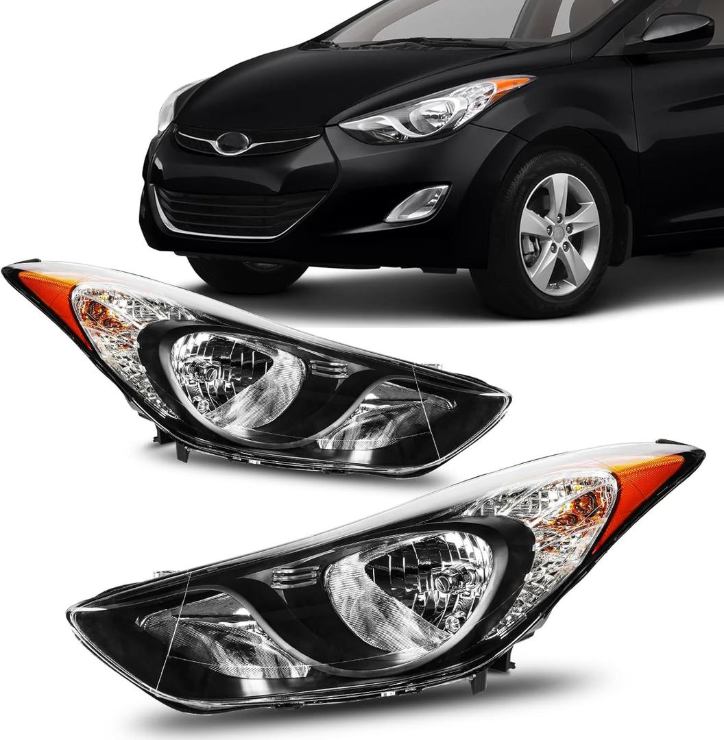 Torchbeam Headlights Assembly Compatible with Hyundai Elantra 2011 2012 2013 A Pair Front Light Black Housing Amber Reflector Clear Lens OE Headlamp Replacement Driver & Passenger Side