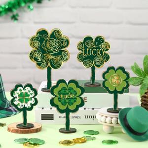 5 Pcs St. Patrick's Day Table Decorations Shamrock Wooden Sign Shamrock Centerpieces for Tables Irish Tiered Tray Decor Double Sided Printing St Patricks Day Decoration for Home Office Kitchen