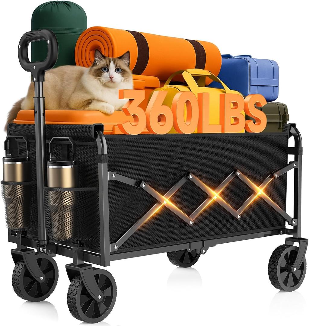 Wagons Carts Foldable, Collapsible Wagon, Folding Wagon Cart with Wheels, Wagons Carts Foldable 360 Lbs - Lightweight Portable Small Fold Up for Camping, Travel, Sports, Grocery, Shopping, Black