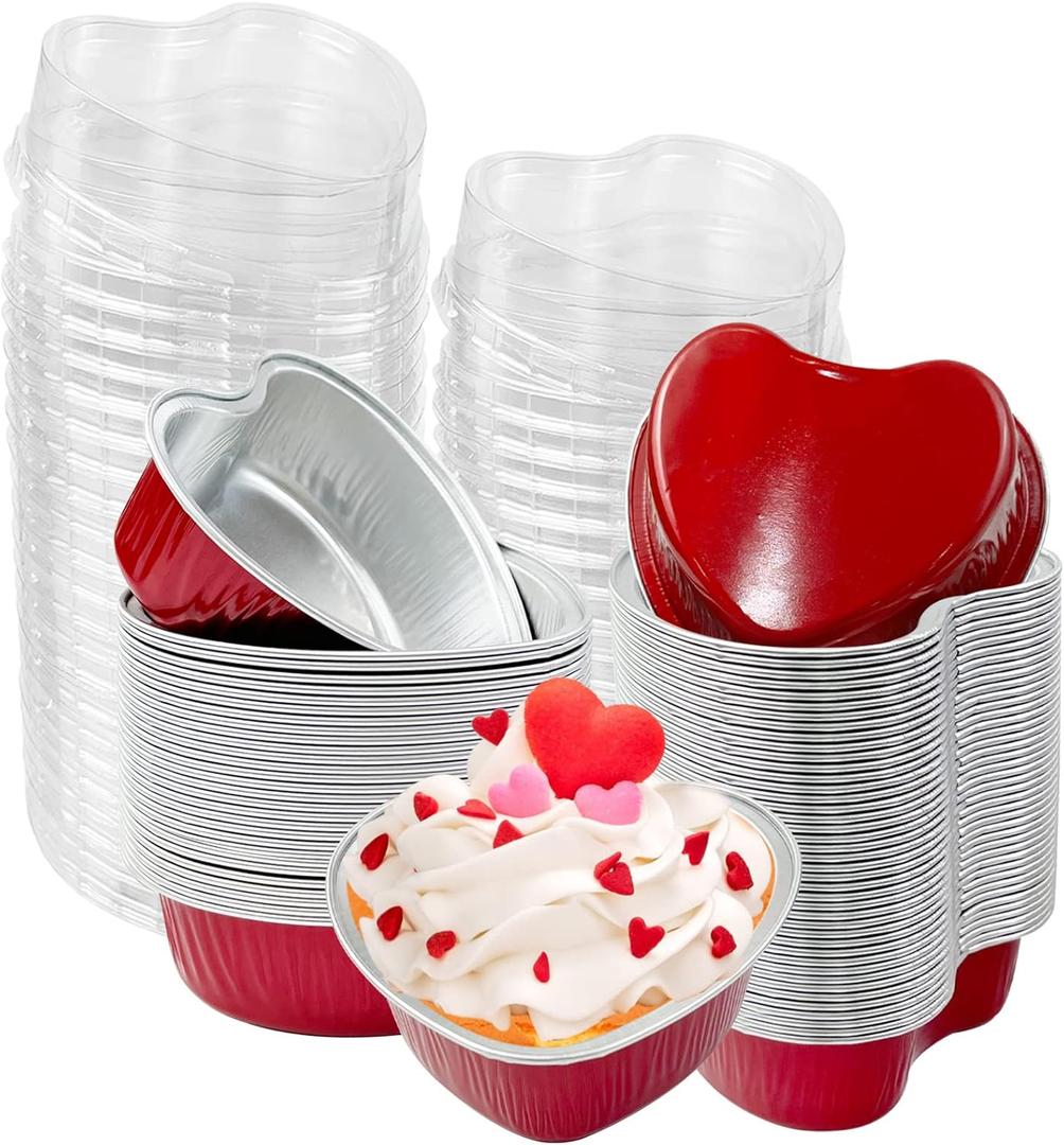 50Pcs Mini Heart Shaped Cake Pans with Lids,100 ml 3.4 oz Disposable Valentine Cupcake Cup Mini Aluminum Foil Baking Cups Ramekins Muffin Cupcake Liners for Wedding Birthday Party,Red