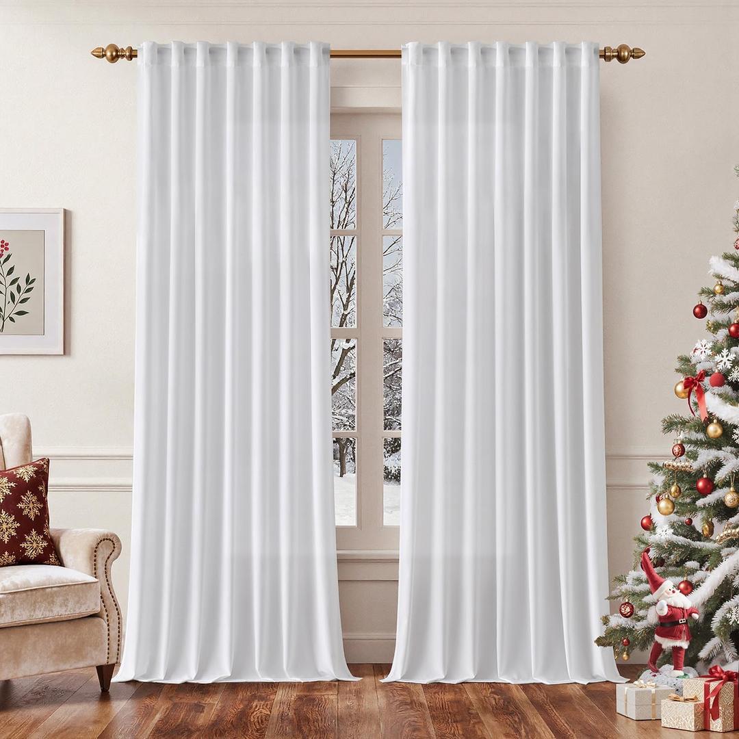 EMEMA White Privacy Sheer Curtains 96 Inches Long 2 Panels Set, Non-See-Through Light Filtering Semi Sheer Curtains for Bedroom Living Room, Window Drapes That Let Light in, 52x96 Inch