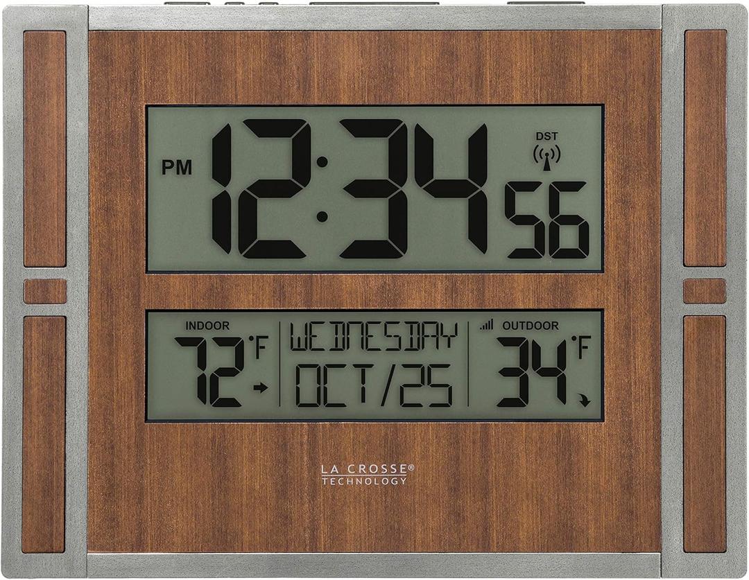 La Crosse Technology BBB86088 Atomic Digital Wall Clock with Indoor & Outdoor Temperature (11.00"L x 1.10"W x 8.54"H (Pack of 1), Golden Brown)