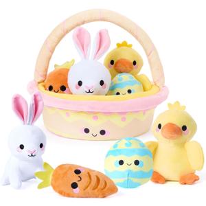 JOYIN 5 Pcs Easter Basket Plush Playset, Filled Basket with Bunny Chick Egg Carrot, Easter Toys Gifts Prefilled with Animal Stuffers for Baby Toddler Kids Boys & Girls of All Ages