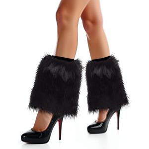 Barelove Women's Faux Fur Leg Warmers, Plush Soft Furry Fluffy Winter Long Boot Cuff Wrist Covers Boots Sleeves (Black, 7.9)