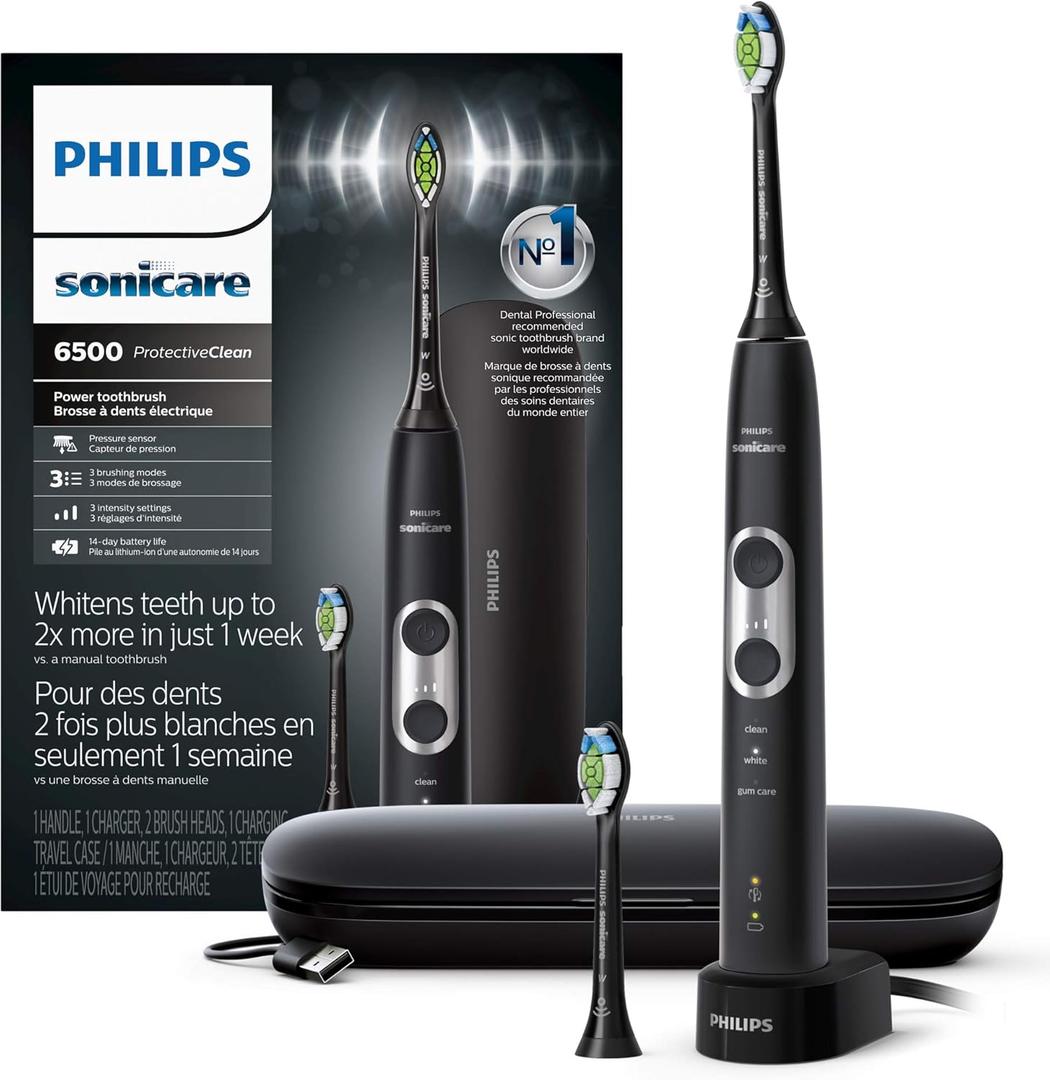 Philips Sonicare ProtectiveClean 6500 Rechargeable Electric Toothbrush, with Pressure Sensor, 3 Cleaning Modes, SmarTimer and QuadPacer, 14-Day Battery Life, Charging Travel Case, Black, HX6462/08