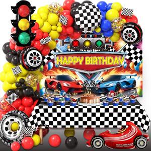 Cars Theme Birthday Party Decorations Set Including Race Car Backdrop, Balloon Garland, Tablecloth, Cake topper