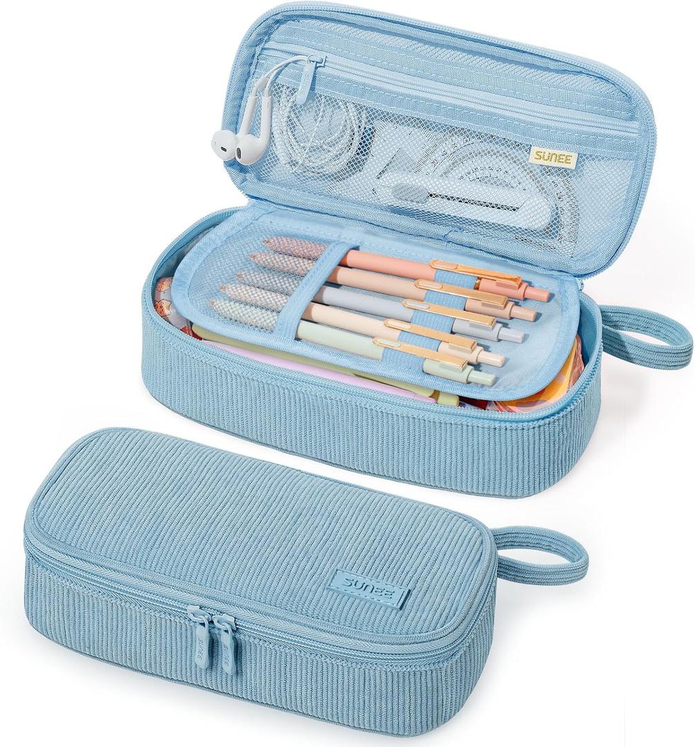 SUNEE Cute Pencil Case, Large Capacity Pencil Pouch Aesthetic Zipper Pencil Bag, Big Storage Pen Organizer for Stationery, Soft Corduroy Pencil Box Back to School Supplies for Teen Girls Boys, Blue