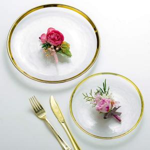 NUPTIO Charger Dinner Plates Set: Glass Gold Rim Chargers Under Plate 2PCS Clear Tray Round Salad Dish for Dining Wedding Party Christmas Reception Banquet Event Dessert Table Decoration 7.8 10 Inch