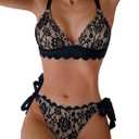 WODECASA Women's V Neck Triangle Bikini Sets Scalloped Trim Lace Two Piece Swimsuit Tie Side High Cut Thong Bathing Suit (Large, 198 Black)