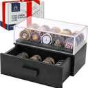 Black Wooden Challenge Coin Display Case with Clear Cover - Medium Military Coin Display Case Holds 20 Coins on Top & 16 in The Storage Drawer - Versatile Coin Stand Holder & Poker Chip Display Case