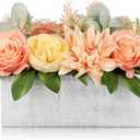 DILATATA Flower Arrangement with Wooden Vase 10" Artificial Flowers in Pot - Fake Flowers in White Rectangular Wooden Vase Potted Faux Flower Centerpieces for Table Decor Living Room - Orange