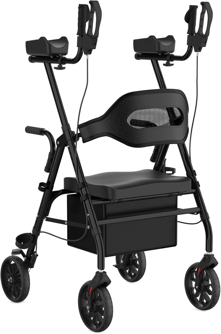 Upright Rollator Walker, Heavy Duty Stand Up Walkers for Seniors with Seat and Reversible Backrest, Foldable Standing Rollator with 8" Anti-Slip PU Wheels, Black