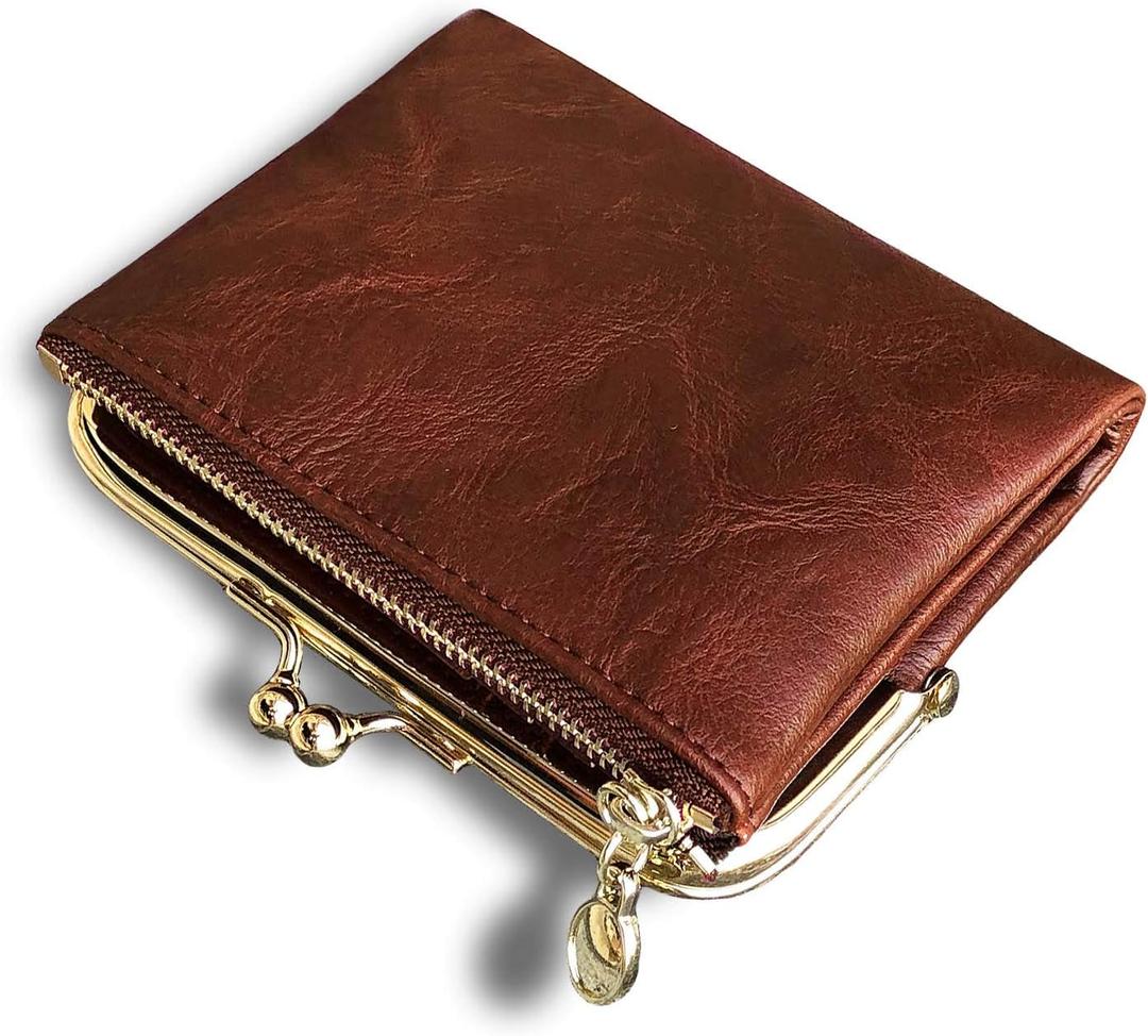 AOXONEL Womens Wallet Small Rfid Ladies Compact Bifold Leather Vintage Coin Purse With Zipper and Kiss Lock (Brown)
