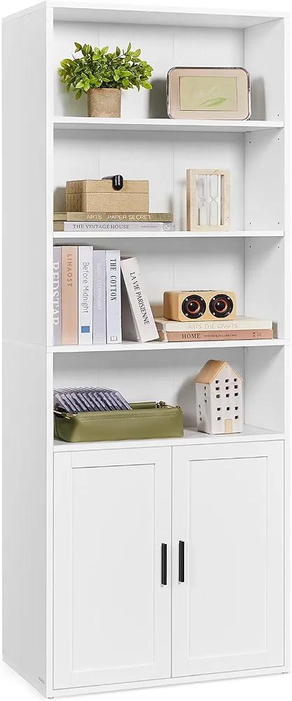 VASAGLE Bookcase, 6-Tier Tall Bookshelf, Book Shelf with Doors, Shelving Unit, 24 x 60 x 175 cm, for Living Room, Home Office, Dinning Room, Cloud White 