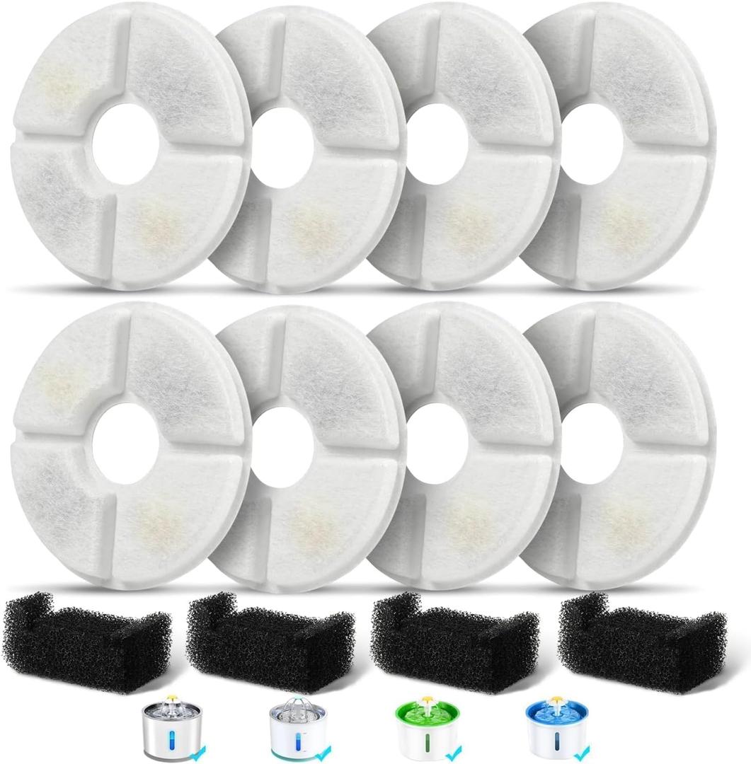 Filters Replacements for Flower Automatic Pet Fountains, Cat and Dog Water Fountain Replacement Parts, Cat Water Fountain Filters for 81oz/2.4L Round Fountains (8 Filters+4 Sponges)