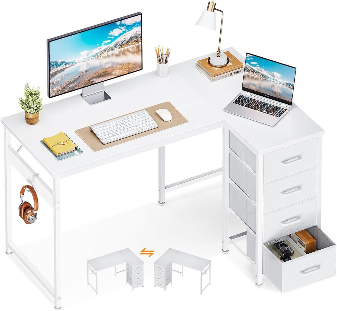 Casaottima L Shaped Desk with 4 Drawers, 40" Small White Computer Desk with Storage, Reversible Kids Study Desk with Hook, Corner Desk for Home Office
