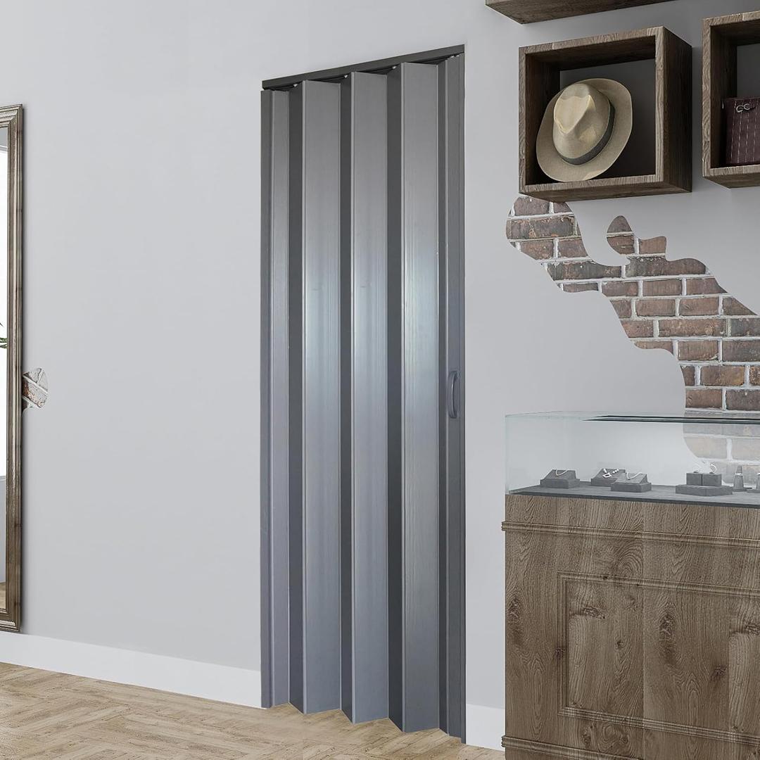 DIYHD 30X80in Interior Folding PVC Accordion Door, Grey, Include Door and Mounting Hardware, Handle, Latch