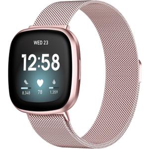 ZWGKKYGYH Compatible with Fitbit Versa 3/4 Bands, Rose Gold Stainless Steel Metal Mesh Band Bracelet Strap Replacement for Men & Women, Large