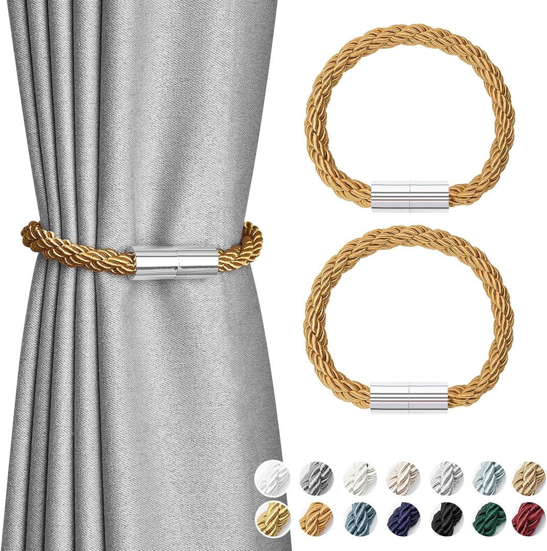 NICEEC 2 Pack Mini Magnetic Curtain Tiebacks Modern Simple Style Drape Tie Backs Elegant Decorative Weave Rope Curtain Holdbacks for Home & Office Thin Window Draperies (Bronze)
