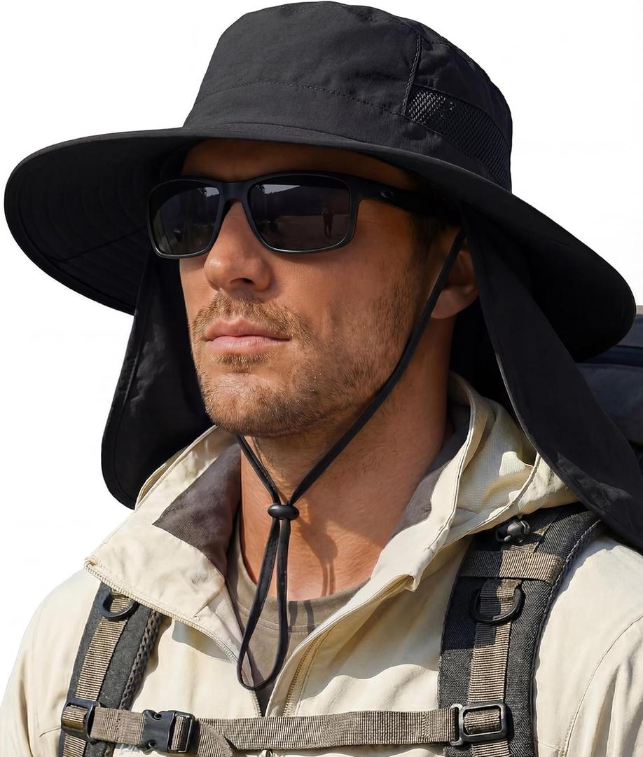 Sun Hats for Men Wide Brim Bucket Hat with Neck Flap for Fishing & Hiking Mens Sun Hat for UV Protection (One Size, Black)