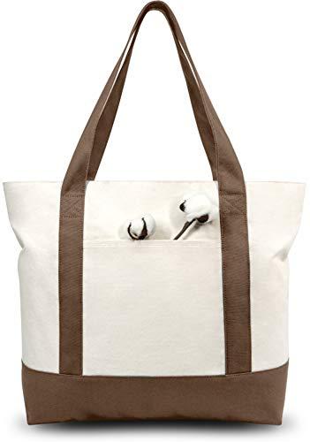 TOPDesign 3-Pack Canvas Tote Bags with an External Pocket, Reusable Grocery Shopping Bags, Top Zipper Closure, Daily Essentials (Brown/Natural)