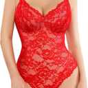 Popilush Shapewear Bodysuit V Neck Tummy Control Backless Lace Tank Tops Sleeveless Thong Bodysuit (Small, Red)