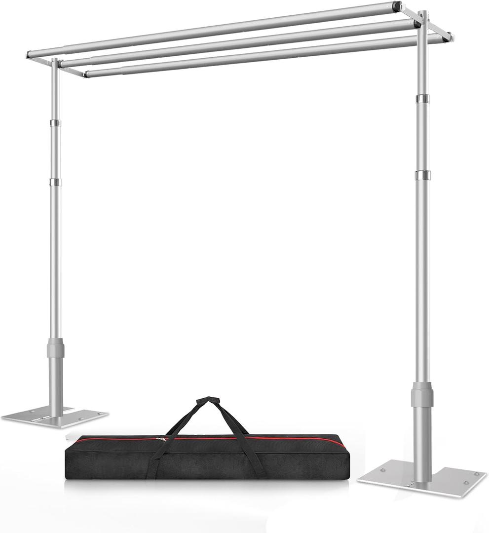 10x10 Triple Crossbar Pipe and Drape Stand Kit, Heavy Duty Backdrop Stand Adjustable, Sturdy Metal Back Drop Decoration Frame with Flat Base for Parties, Flower Wall, Wedding,Trade Shows, Photo Shoot (10ftx10ft, Silver)