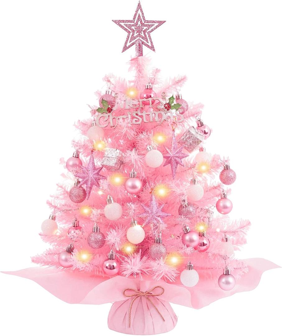 XmasExp 20in Mini Christmas Tree with Lights Pink Small Christmas Tree Artificial Tabletop Xmas Decor Holiday Decoration for Home, Office, Party