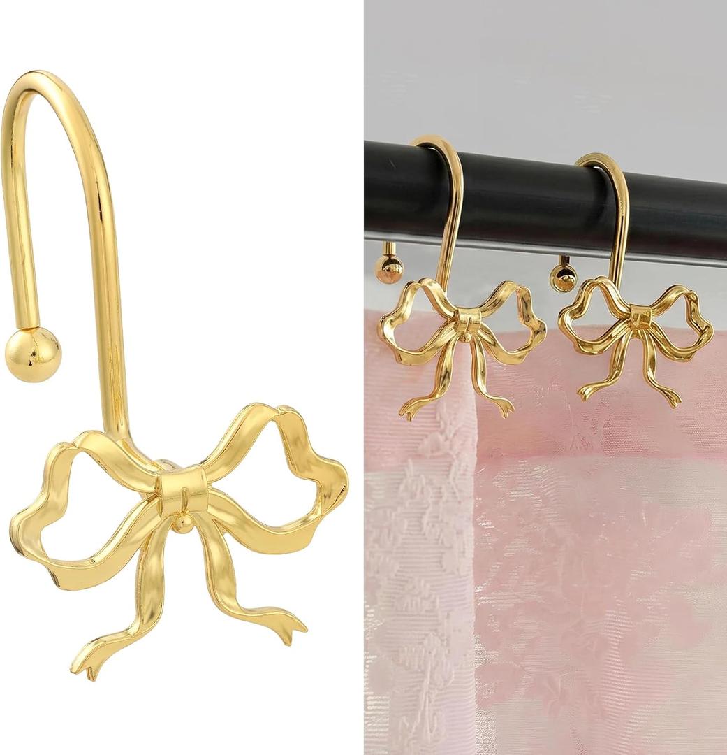 Gold Bow Shower Curtain Hooks, 12 Pack Decorative Elegant Metal Hangers, Rustproof for Standard Bathroom Rods