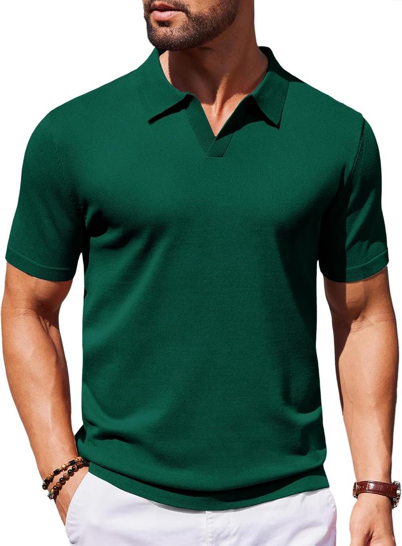 COOFANDY Mens Knit Polo Shirts V Neck Short Sleeve Stretch Polo T Shirt Casual Golf Shirts (SIZE 2X-Large, Green)