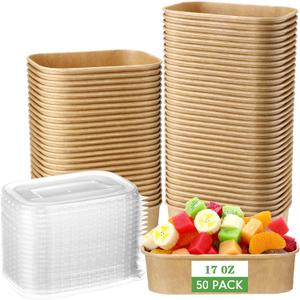 Maxdot 50 Pack Disposable Food Containers with Lids Paper Food Containers Bowls for Meal Prep, Salad, Ice Cream, Yogurt, Soup Bowls Party Leftover Box(Brown,17 oz)