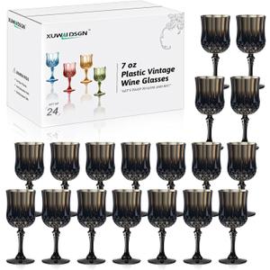 XUWAIDSGN 7oz Plastic Vintage Wine Glasses Drinking Glasses Unbreakable Wedding Glassware Crystal Water Goblets Reusable Drinkware Vintage Champagne Flutes (24, Black)