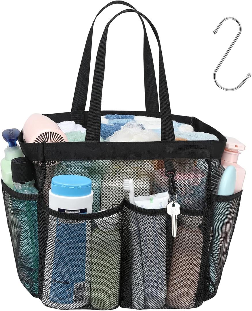 F-color Mesh Shower Caddy Portable, 8.3" Deeper Pockets Large Shower Caddy Bathroom Caddy for College Dorm Room Bathroom Essentials, 2 Handles Shower Bag Tote for Gym Rv, Camp with S Hook, Black (XL, 1 Pack X-Large Black)