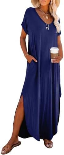 Dokotoo Womens Summer Dresses 2025 Short Sleeve Long T Shirt Dress Split Maxi Dress Beach Sundresses with Pockets, Size XL