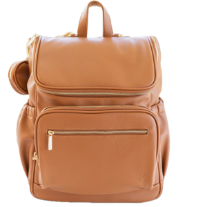 Kovale Collective Leather Diaper Bag Backpack, Multi-Function, Anti-Theft, Waterproof, with Changing Pad, Stroller Straps, Pacifier Case, Light Brown Vegan Leather