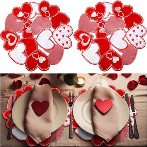WovWeave 4 Pcs Valentines Day Round Placemat Embroidered Love Heart Table Placemat Romantic Table Centerpieces for February 14th Wedding Anniversary Dining Party Decoration, 15 x 15 Inch