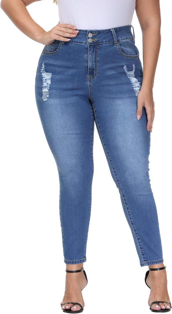 Womens Plus Size Skinny Jeans Stretchy High Waisted Ripped Distressed Ankle Jean (Blue-040)