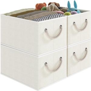 Fabric Storage Bins 4-Pack, Collapsible Storage Baskets for Organizing Toys, Books, Shelves, Closet, Linen Storage Boxes, Decorative Storage Baskets with Rope Handles, White