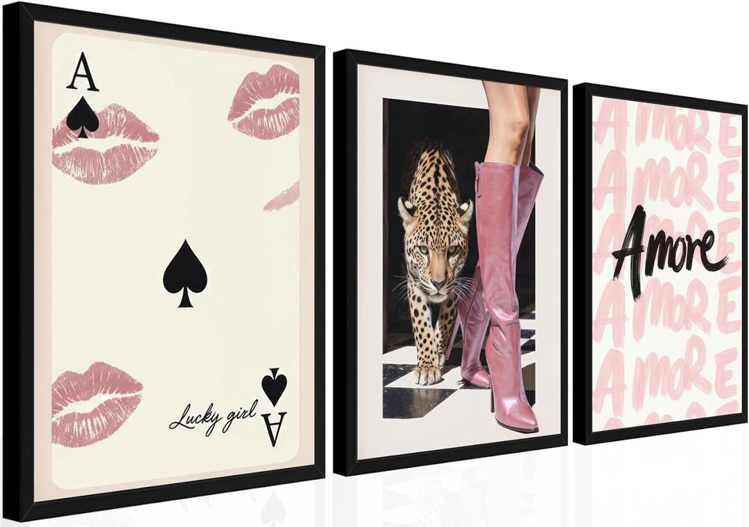 Trendy Leopard Wall Art Set of 3, Pink Preppy Y2K Cheetah Prints Wall Decor Paintings, Funky Lucky Girl Amore Aesthetic Posters Pictures for Living Room Bedroom Dorm Decor 16x24 Inch Wood Framed, 24L" x 16W"