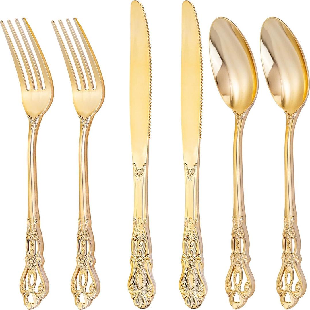 300Pieces Gold Plastic Silverware - Heavy Duty Gold Disposable Utensils - Vintage Plastic Cutlery Set Includes 100 Forks, 100 Spoons, 100 Knives for Dinner Parties Weddings (300PCS)