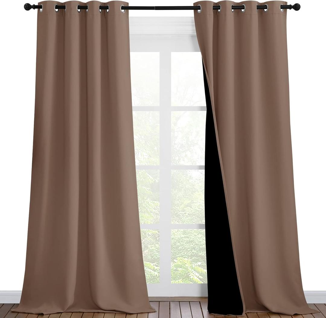 NICETOWN Room Warming Complete Blackout Shades for Large Window Door, 100% Blackout Window Curtain Panels with Black Lined, 46 inches Width Each Panel, 90 inches Length, Cappuccino, Double Pieces