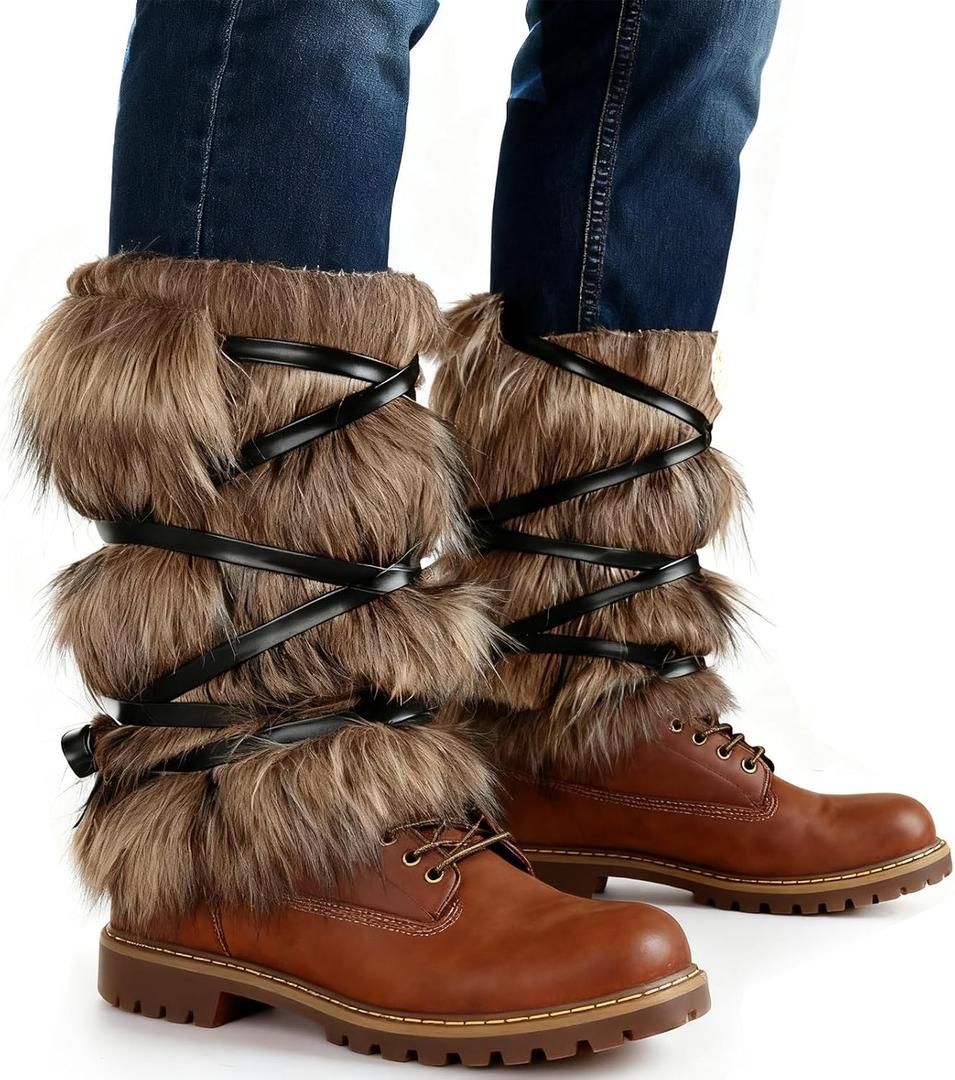 Faux Fur Leg Warmers, Fur Boot Covers, Furry Viking Costume Women and Men Medieval Barbarian Cosplay (Camel Color)