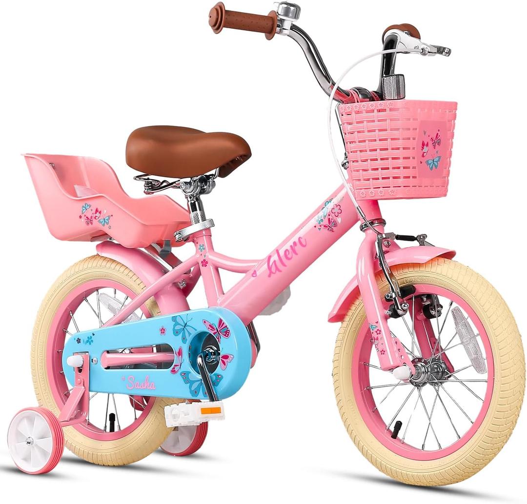 Glerc Sasha Girls Bike, 12-20 Inch Kids Bike for Ages 2-13 Years Old Children, Retro Vintage Style Kids Bicycle with Doll Bike Seat, Basket and Training Wheels, Multiple Colors (Pink)