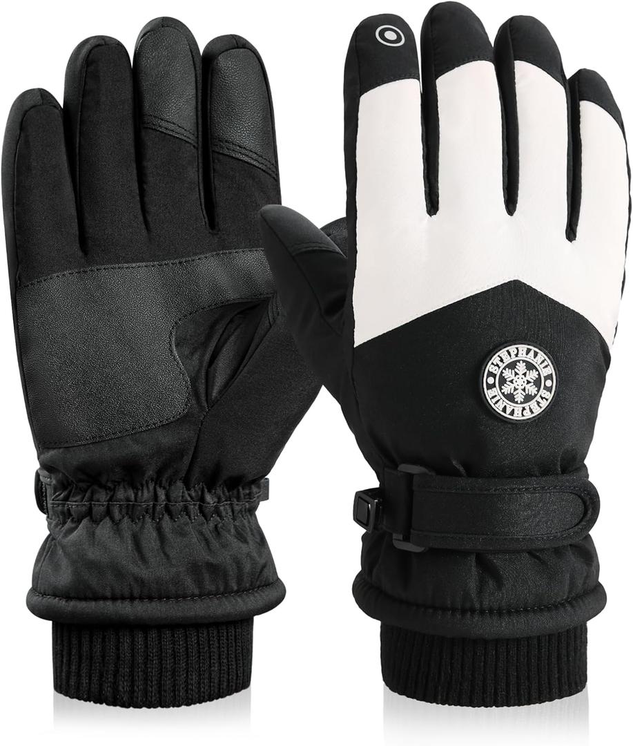 DOFOWORK Ski Gloves - Winter Gloves Waterproof Breathable Snowboard Gloves for Cold Weather, Snow Gloves for Men/Women (Black & White,Snowy)